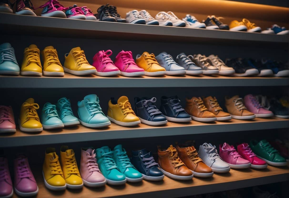 A colorful display of specialized children's shoes arranged neatly on shelves, showcasing the best beginner styles