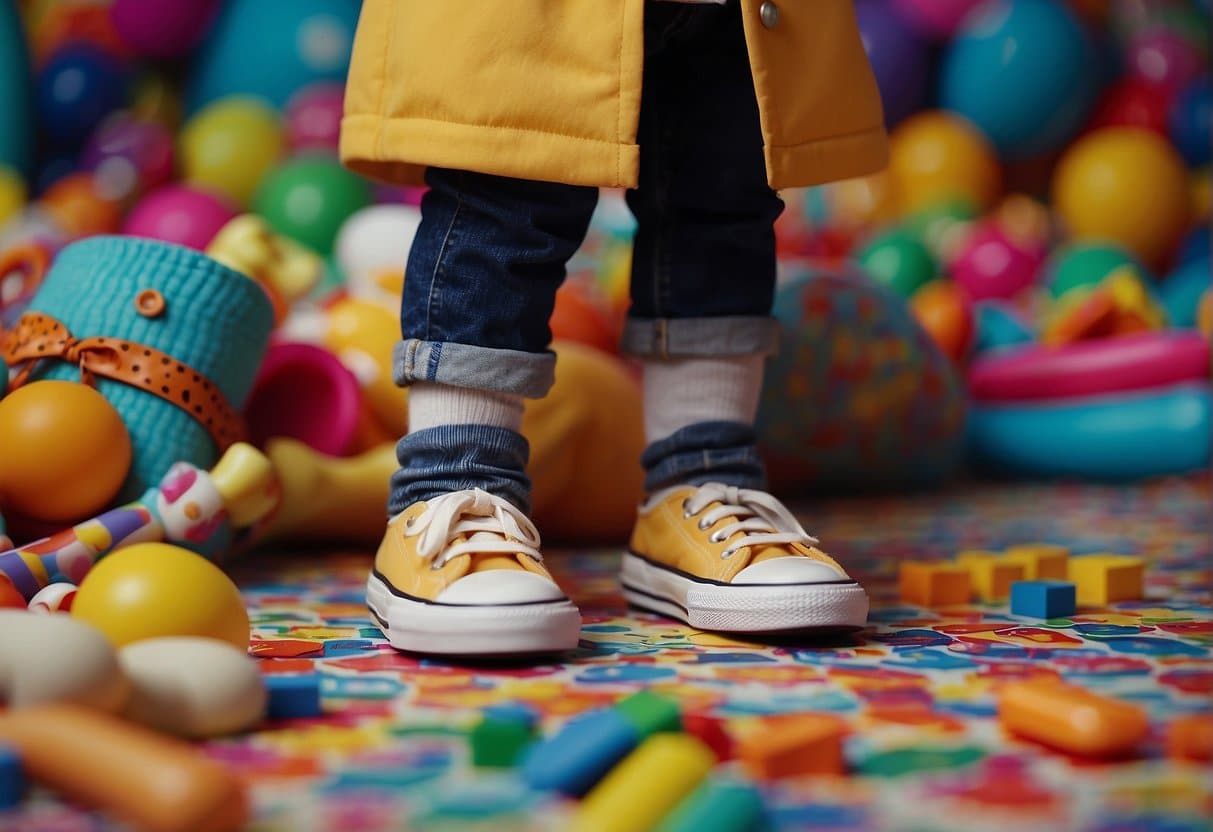 A child's foot stepping into a pair of colorful, sturdy shoes, surrounded by playful toys and a backdrop of vibrant, child-friendly patterns