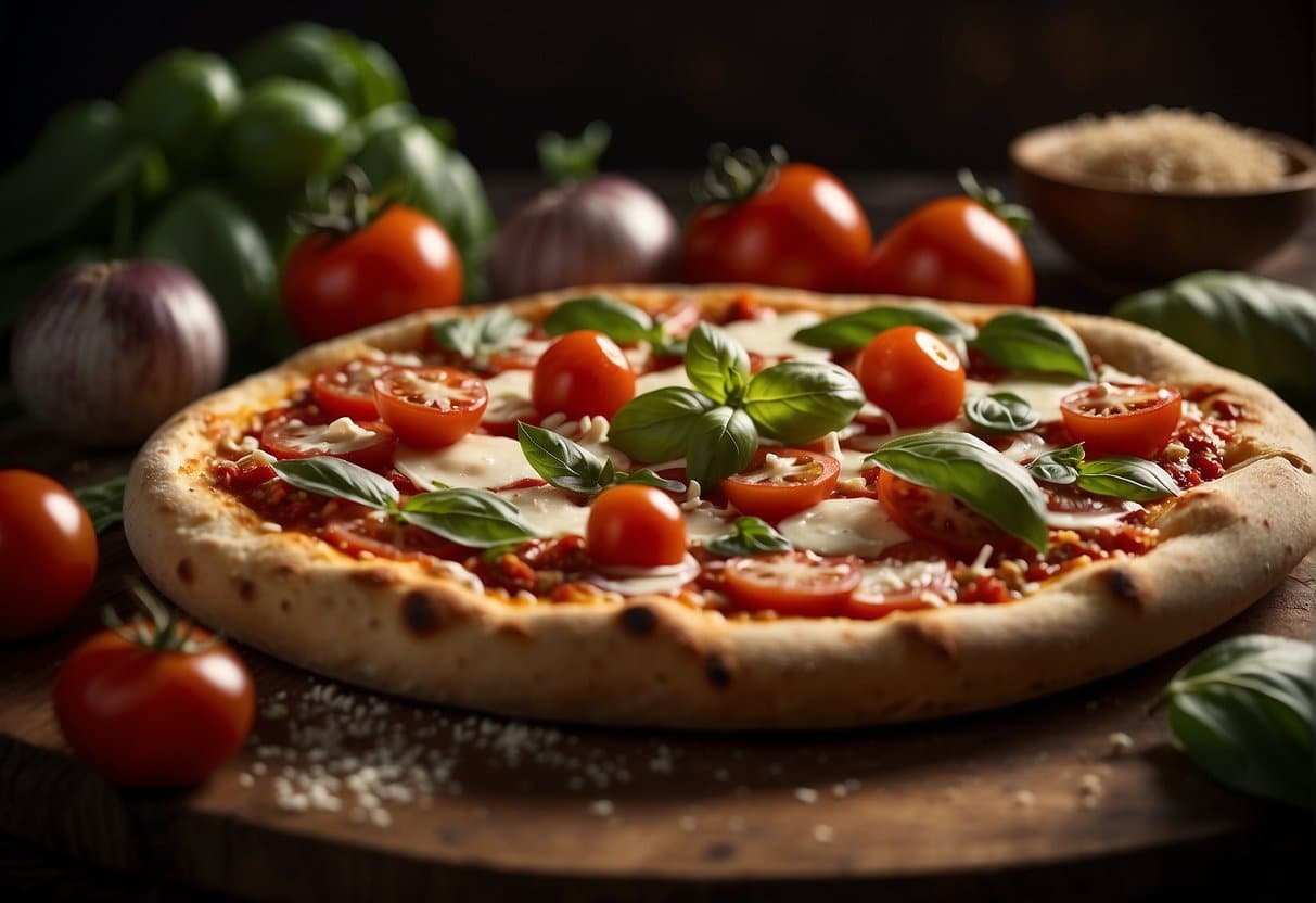 A homemade pizza being topped with fresh ingredients like tomatoes, basil, mozzarella, and pepperoni on a rustic wooden cutting board