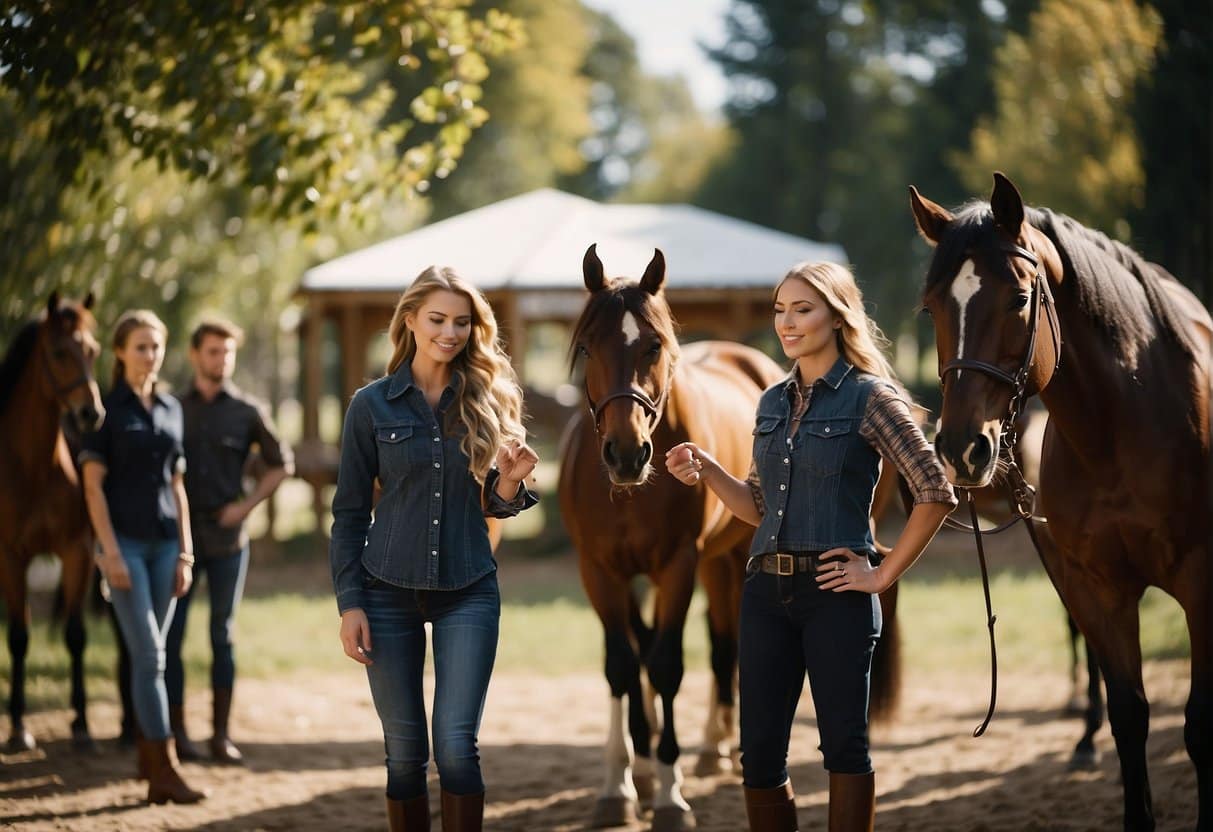 A group of students comparing and choosing the best riding school, surrounded by horses and equestrian equipment