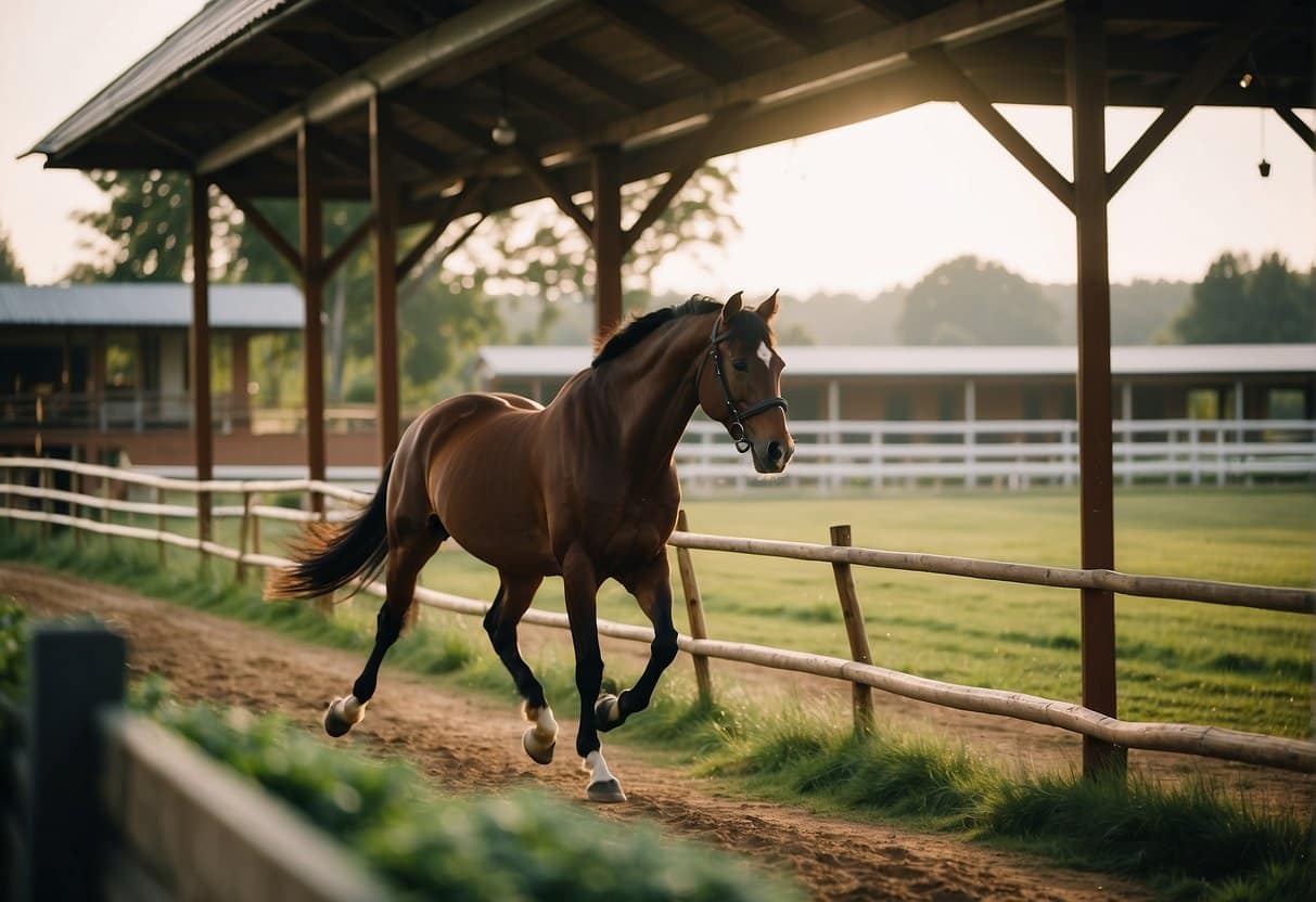 The equestrian center at Best Riding Boarding School, with spacious stables, an outdoor riding arena, and lush green fields