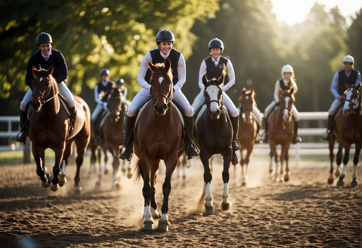 A bustling equestrian school yard with students grooming horses and practicing jumps in the outdoor arena. The sun is shining, and the sound of hooves fills the air