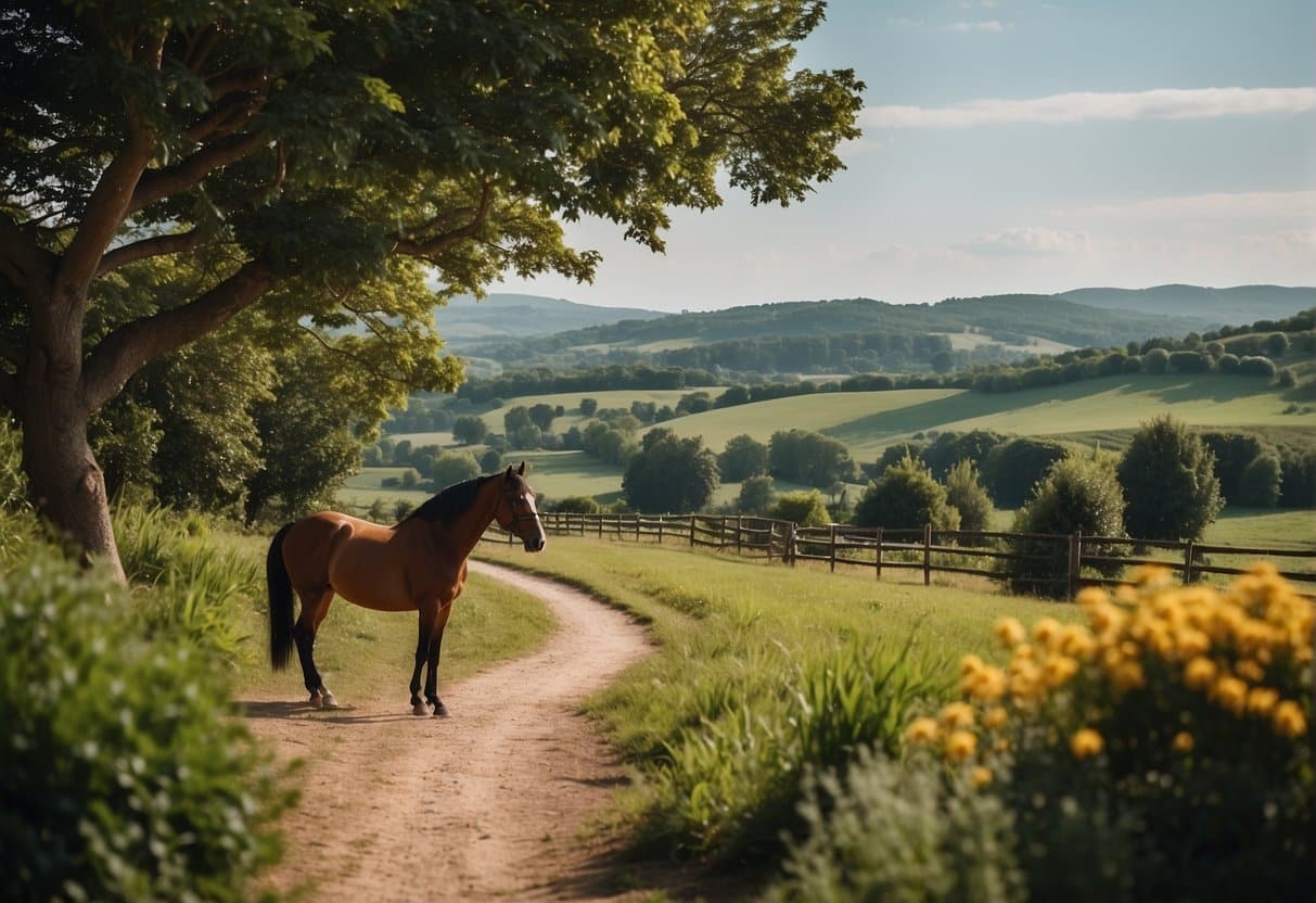 A picturesque landscape with a charming equestrian school nestled in the countryside, surrounded by rolling hills and lush greenery