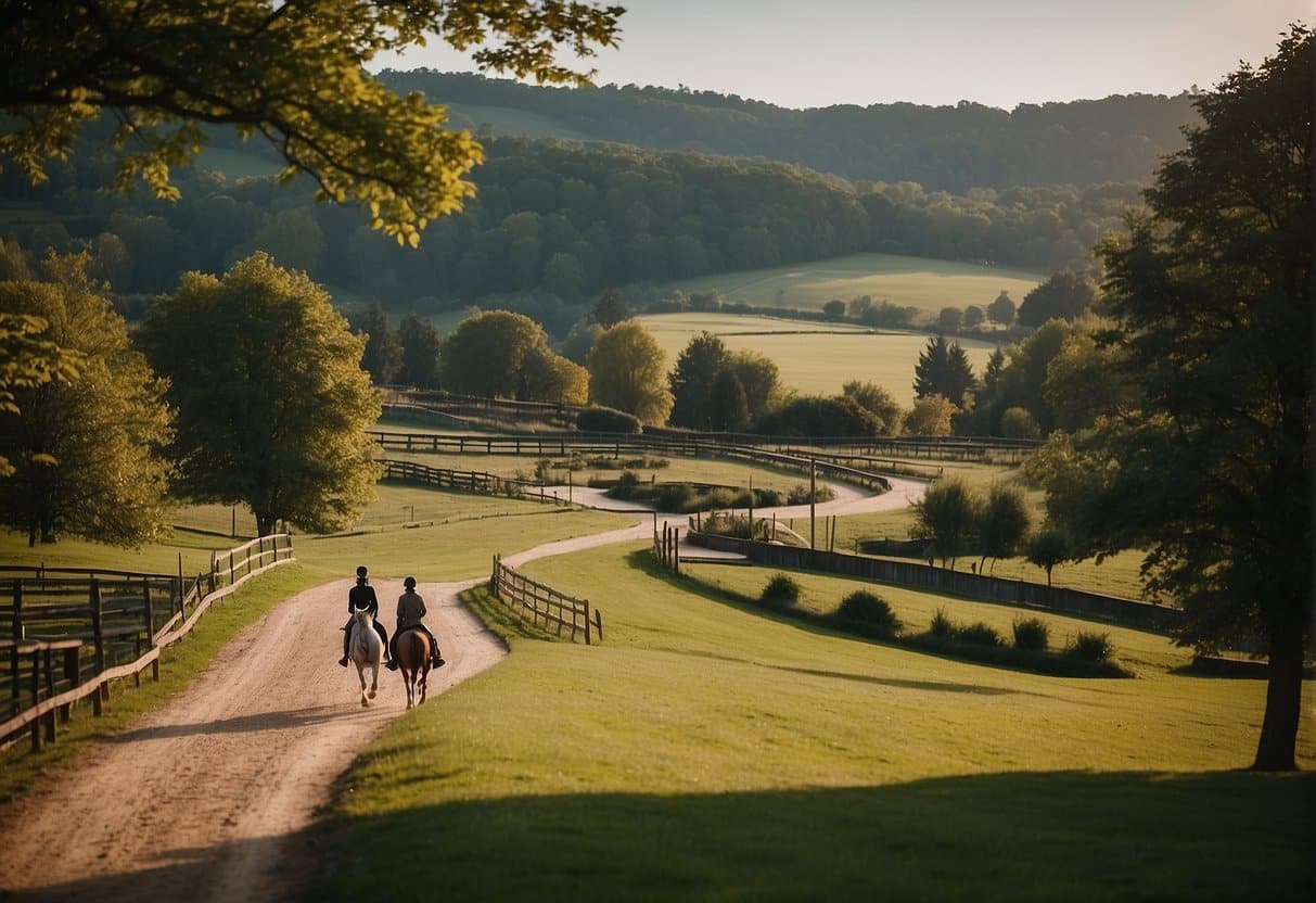 A picturesque landscape with winding riding paths and specialized training facilities at the best equestrian boarding school