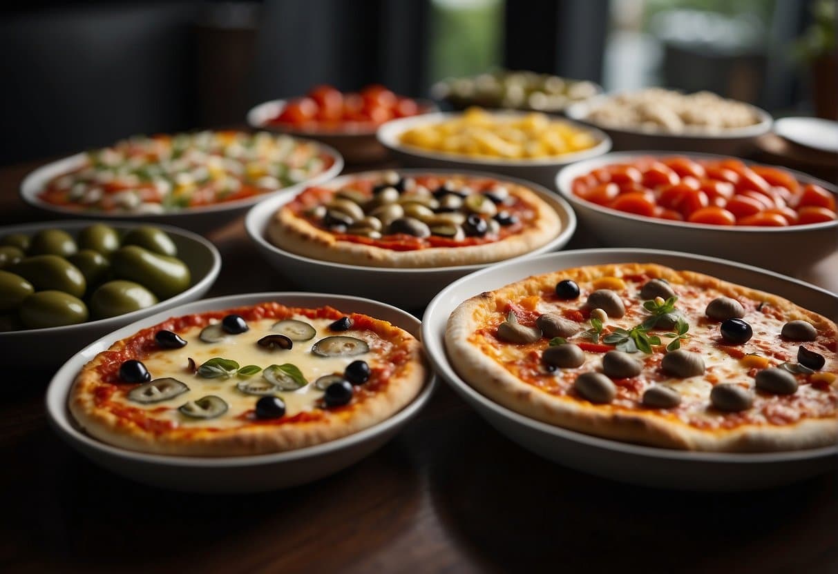 A table with a variety of fresh pizza toppings, including pepperoni, mushrooms, bell peppers, and olives, neatly arranged in small bowls