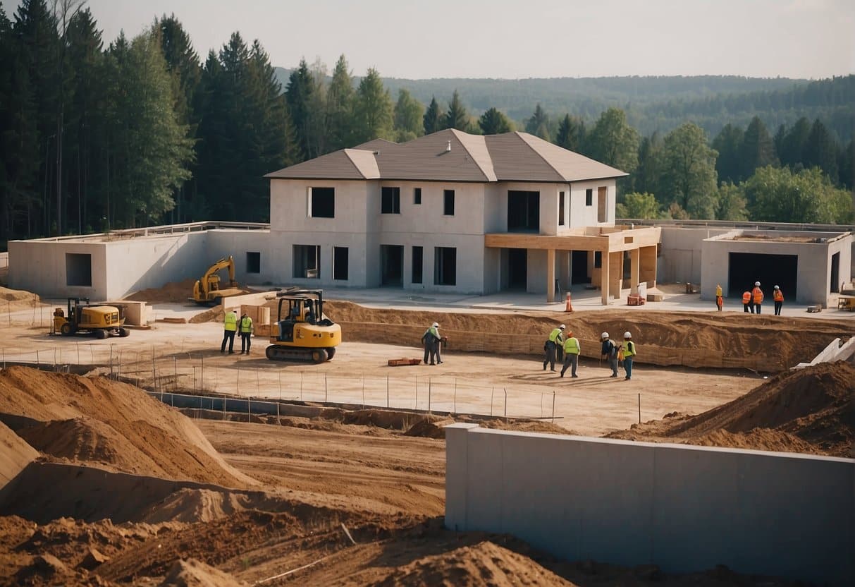 A construction site with a modern, well-designed house being built by a team of skilled workers and overseen by a reputable construction company