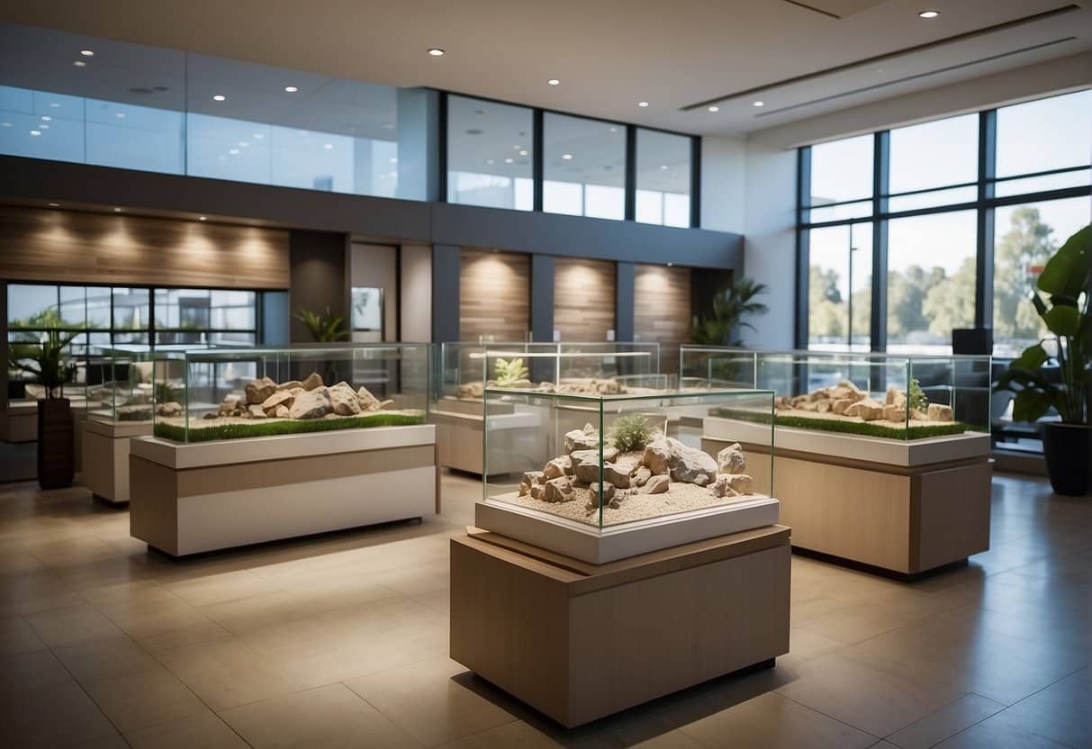 A modern, sleek showroom with elegant displays of architectural models and material samples. Clean lines and natural lighting highlight the craftsmanship of the top regional construction firms