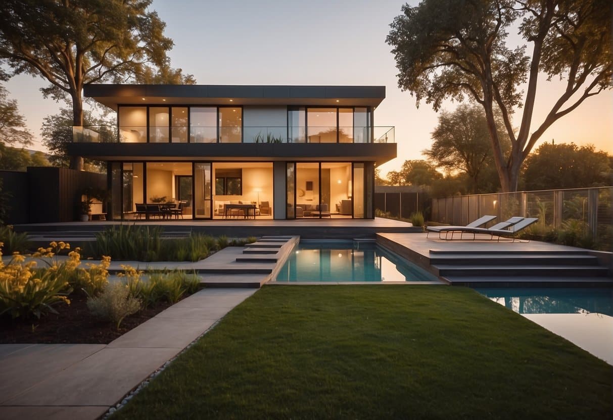 A modern, eco-friendly house with solar panels, a green roof, and a wind turbine in a lush, sustainable community