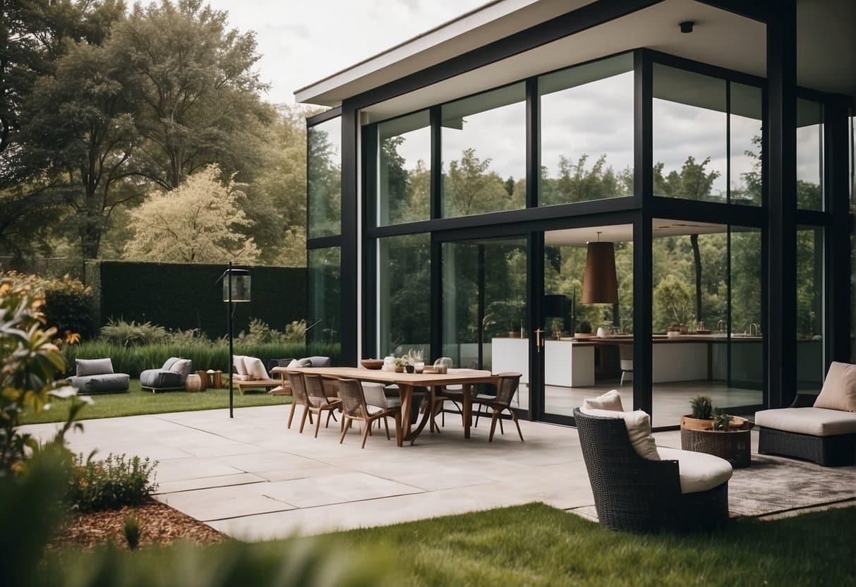 A modern, sleek house with clean lines and large windows, surrounded by lush greenery and a spacious outdoor living area