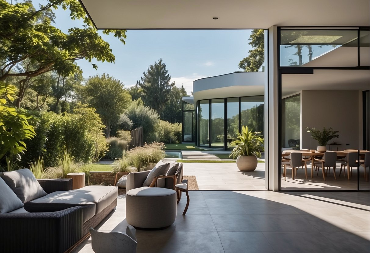 A modern, spacious house surrounded by lush greenery and a clear blue sky. The house features large windows, a sleek design, and a welcoming entrance