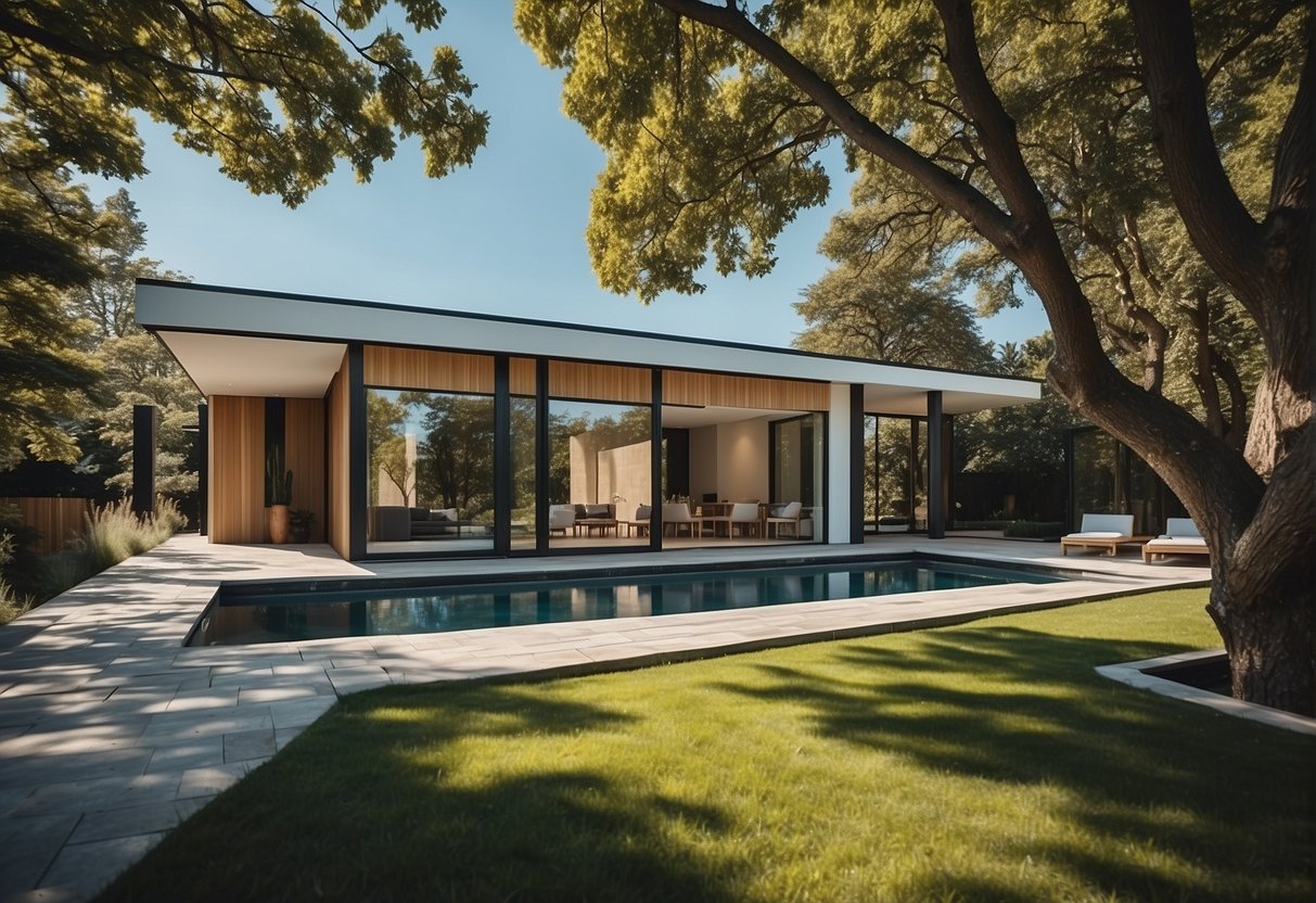 A modern house surrounded by trees and a clear blue sky, with a sleek and stylish design, representing the best type house company