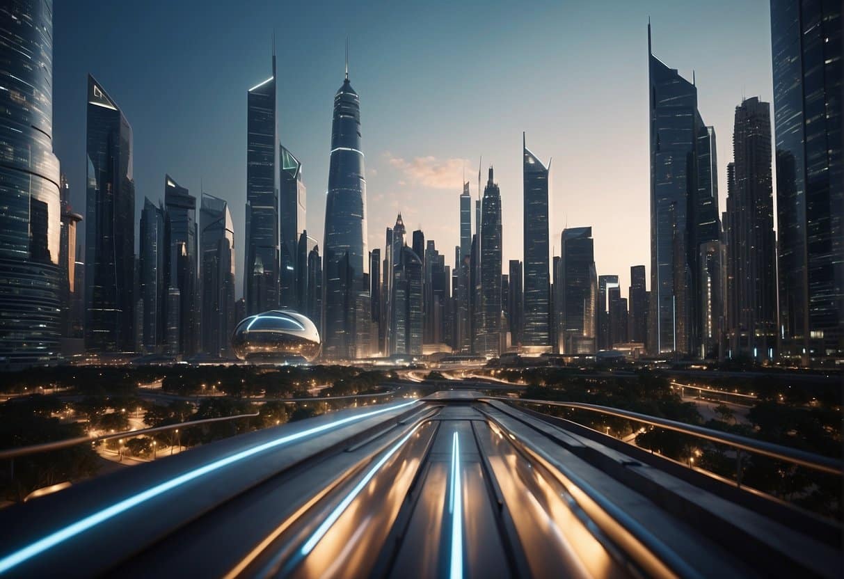 A futuristic cityscape with advanced security measures and privacy features. The skyline is filled with sleek buildings and high-tech surveillance systems