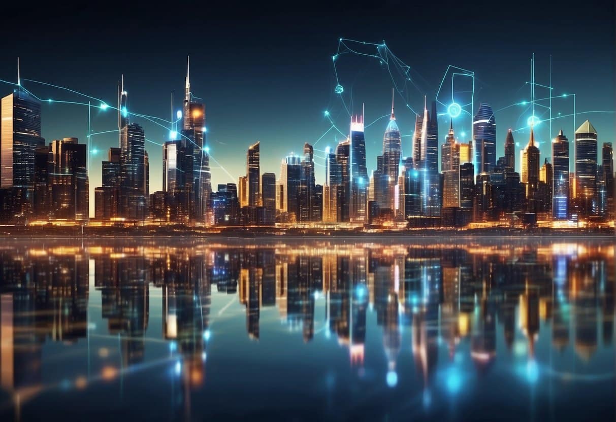 A futuristic city skyline with holographic web browsers floating in the air, showcasing the latest technology and innovation for the year 2024