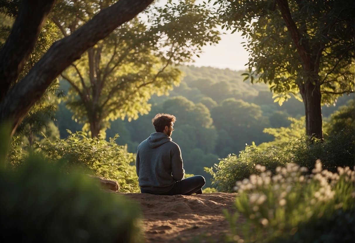 A serene setting with a person sitting in contemplation, surrounded by nature and a sense of calm