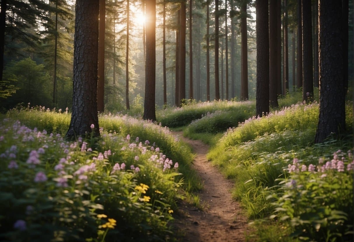 A serene forest clearing with a winding path leading to a tranquil lake, surrounded by tall trees and colorful wildflowers