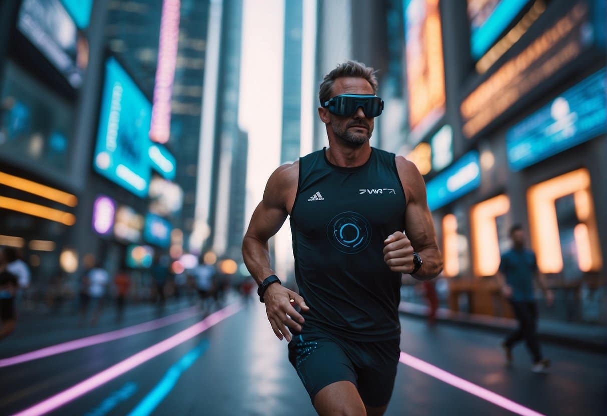 A runner's silhouette against a vibrant sunset, with a winding trail leading into a forest, and a smartphone displaying a running app interface in the foreground