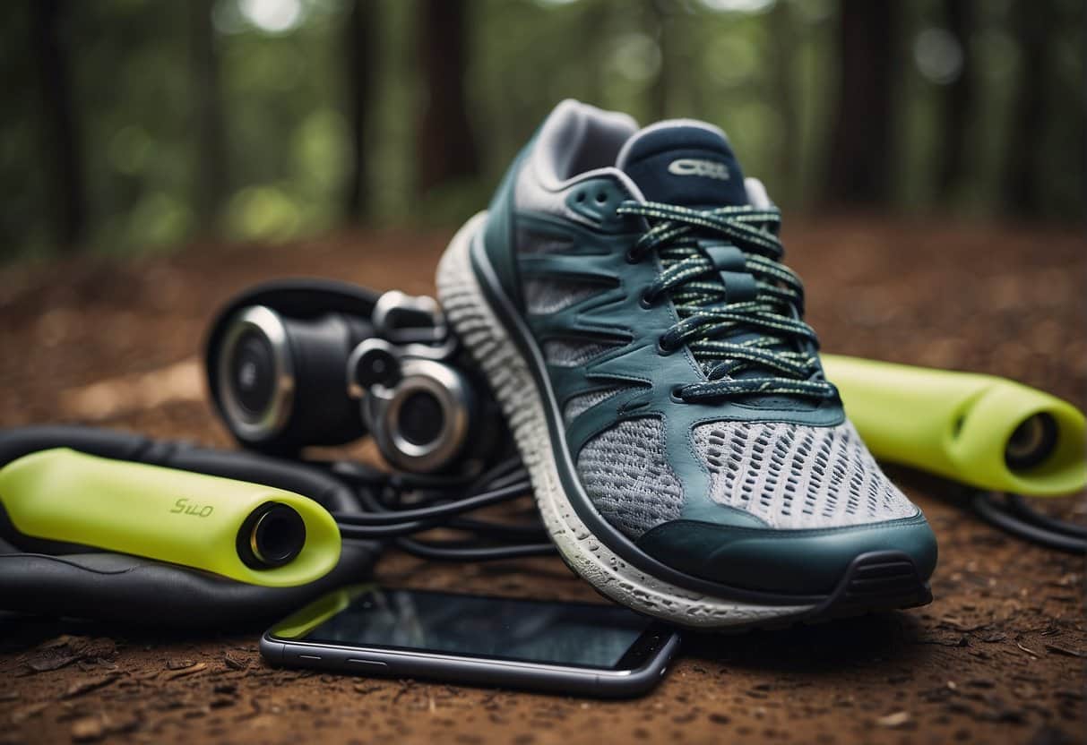 A running shoe and smartphone with a running app displayed on the screen, surrounded by various running accessories and equipment