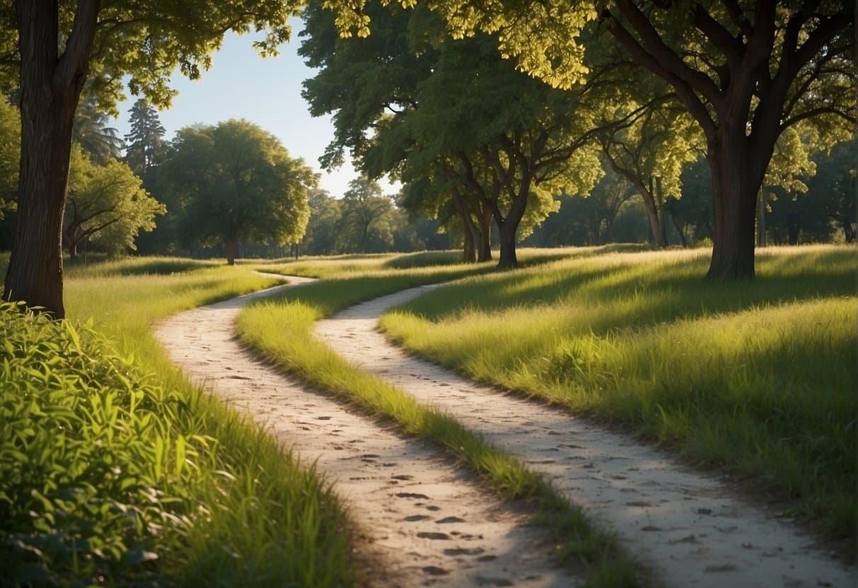 A serene park with winding paths, lush greenery, and a clear blue sky. A trail of footprints leads off into the distance