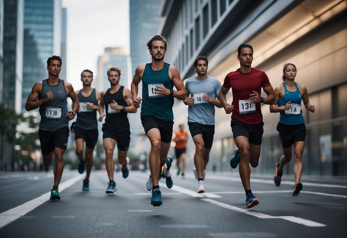 A group of advanced runners using the best running app in 2024, training in a futuristic urban setting with high-tech equipment and immersive virtual reality simulations