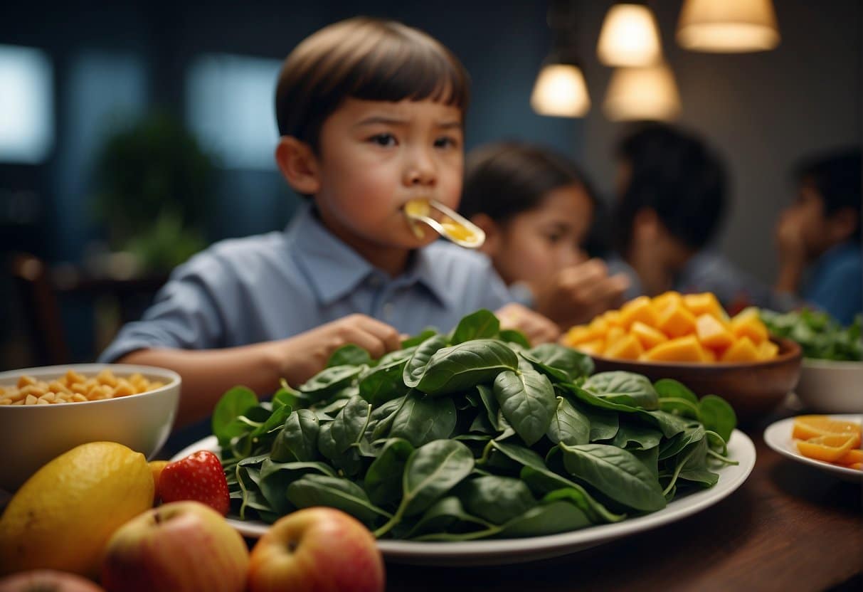 Children and teenagers consuming iron-rich foods like spinach and lean meats, with a variety of fruits and vegetables in the background