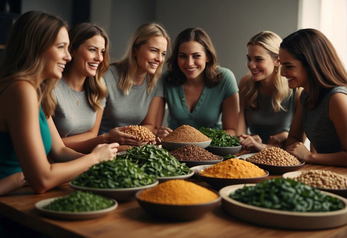 A group of women gather around a pile of iron-rich foods, such as spinach, lentils, and red meat. They are discussing the best sources of iron for their diets