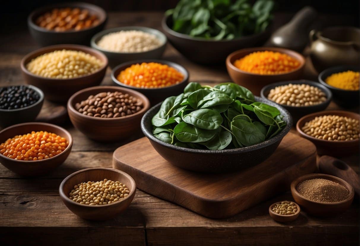 A colorful array of iron-rich foods like spinach, lentils, and red meat arranged on a rustic wooden table