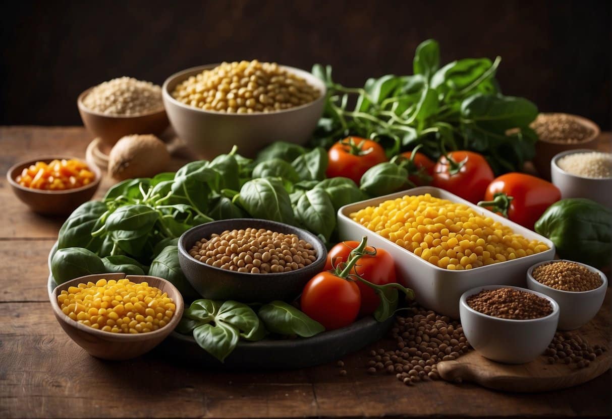 A colorful array of vegetables and plant-based foods rich in iron, such as spinach, lentils, quinoa, and tofu, arranged in a vibrant and visually appealing display