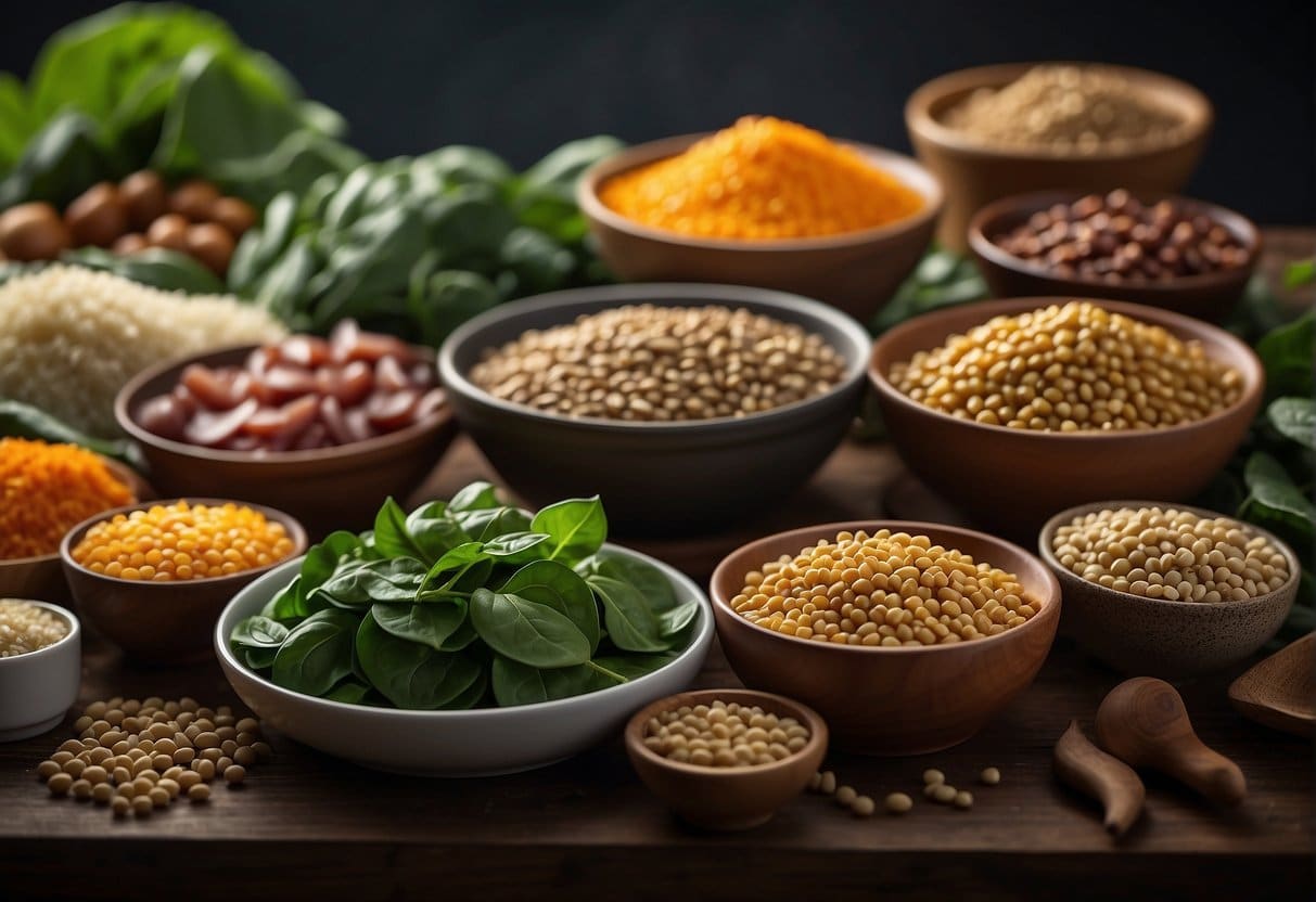 A colorful array of mineral-rich foods, such as spinach, lentils, and red meat, are displayed on a table, emphasizing their importance as sources of iron