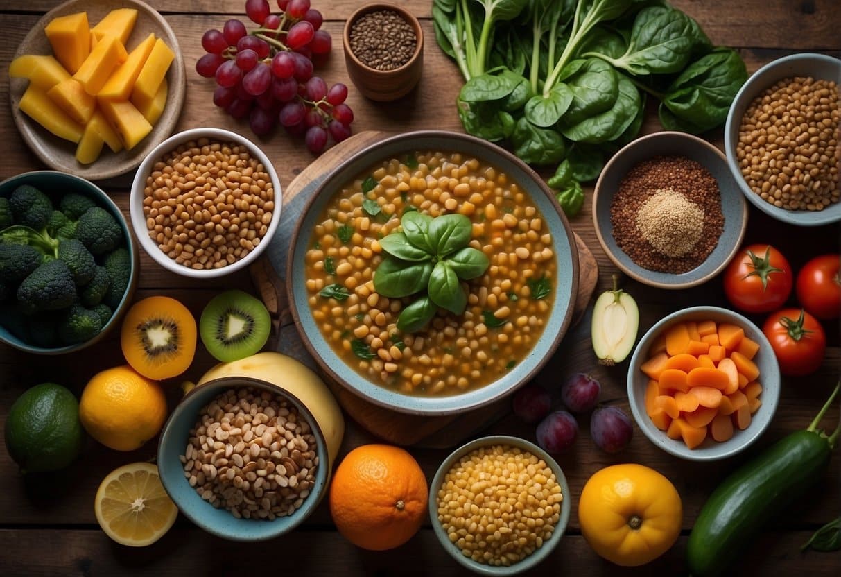 A table with a variety of iron-rich foods, such as spinach, lentils, and red meat, surrounded by colorful fruits and vegetables