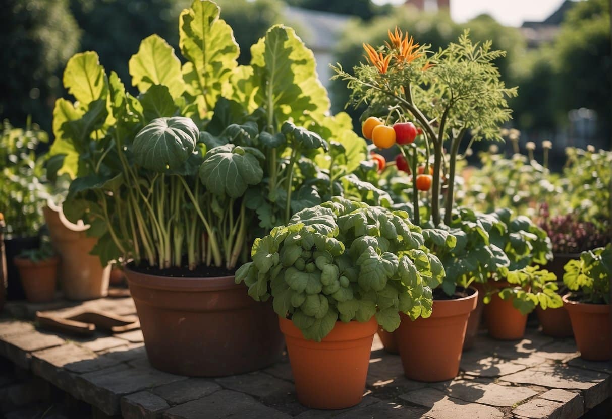 A vibrant garden with iron-rich vegetables and fruits growing abundantly, surrounded by ancient myths and misconceptions about the best sources of iron