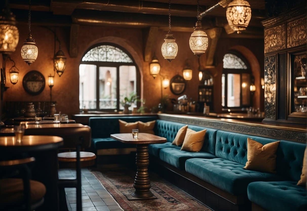 A cozy, dimly lit café with ornate water pipes on each table, surrounded by plush cushions and intricate Middle Eastern decor