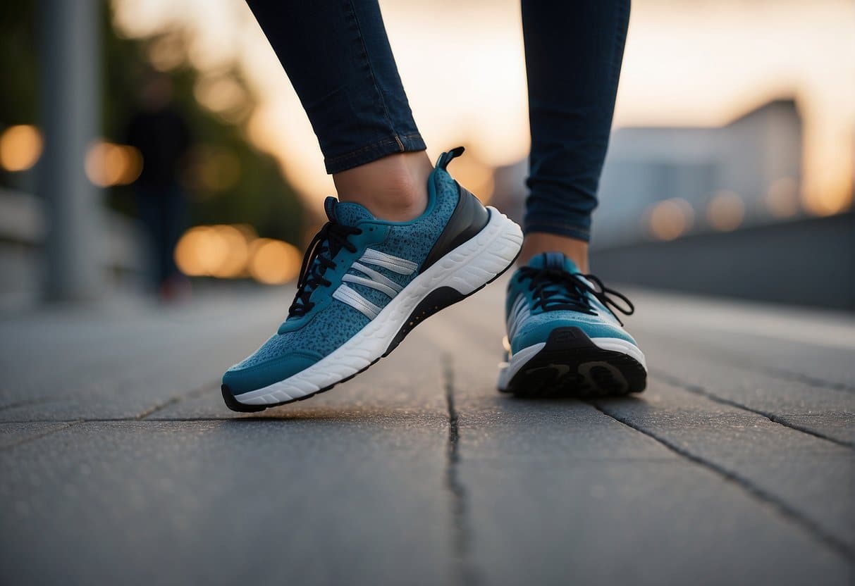 A person wearing supportive shoes while walking on a cushioned surface to prevent and treat heel spurs