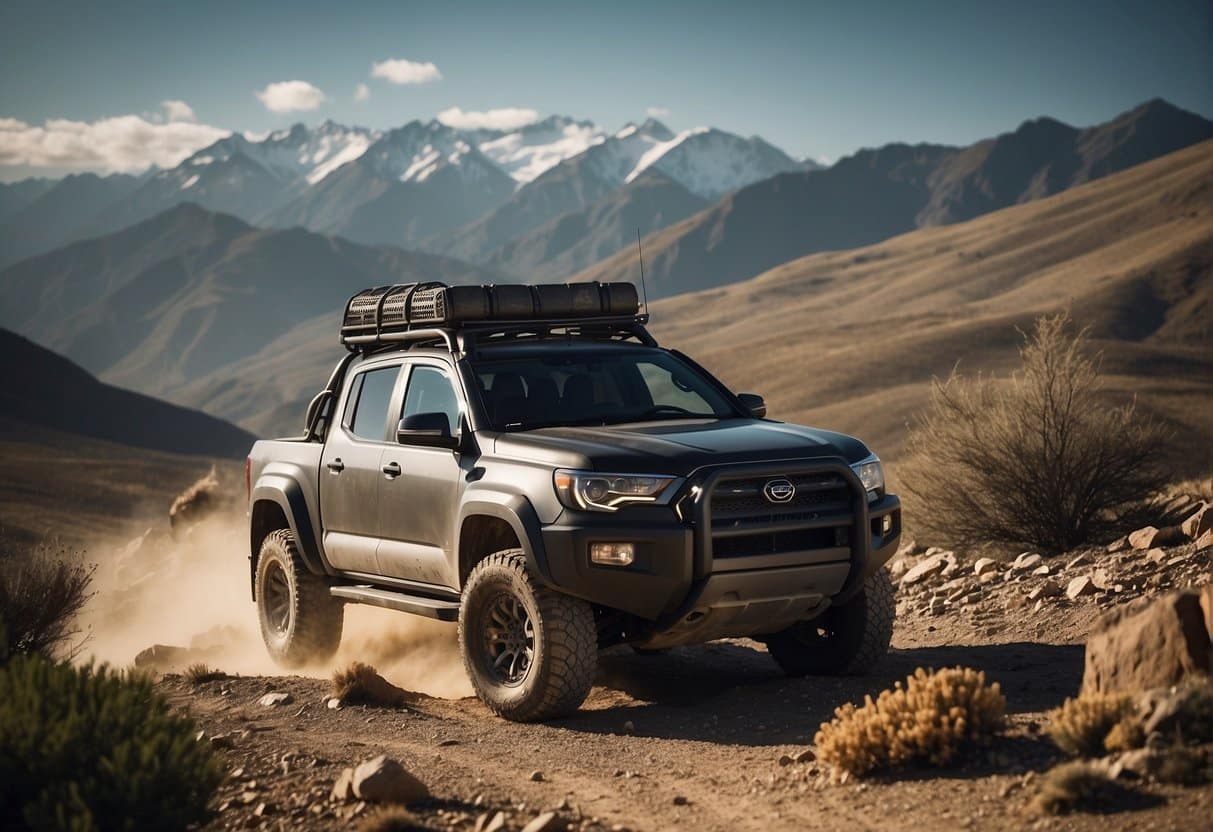 A rugged 4x4 vehicle conquers a challenging off-road terrain, surrounded by rugged landscapes and towering mountains