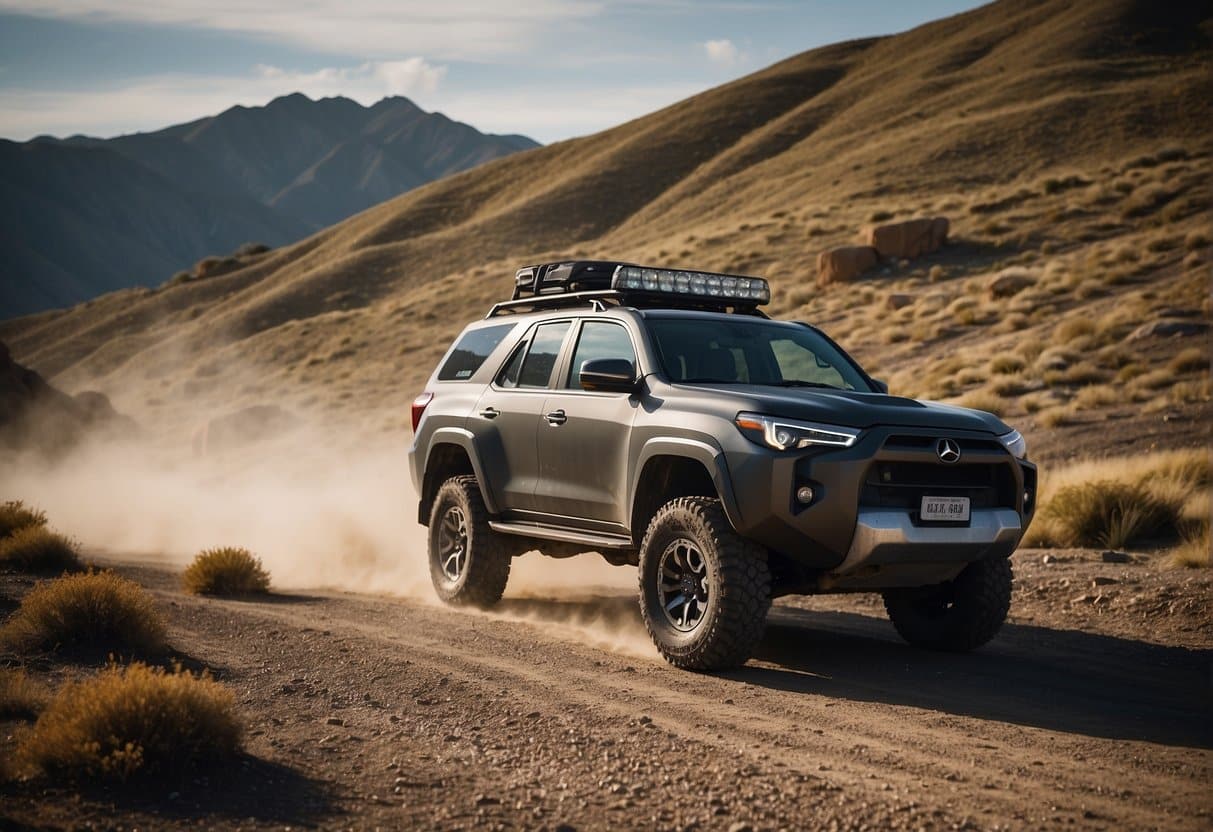 A specialized 4x4 vehicle navigating rugged terrain, showcasing its top features