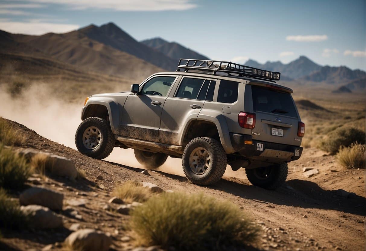 A rugged 4x4 vehicle navigates through rough terrain, showcasing its advanced technology and safety features