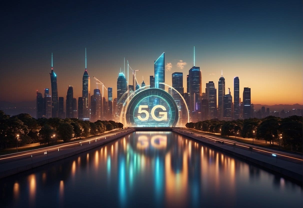 A futuristic city skyline with 5G network towers and glowing signs advertising "Special 5G Offers and Campaigns" in bold letters