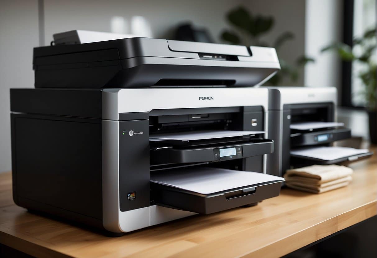 A3 printers in a home or office setting, with paper trays loaded and printing in progress