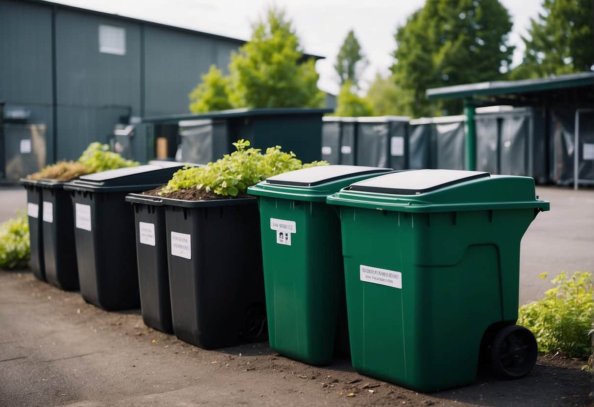 A recycling center with separate bins for paper, plastic, and glass. Composting area with labeled bins for organic waste. Greenery and solar panels