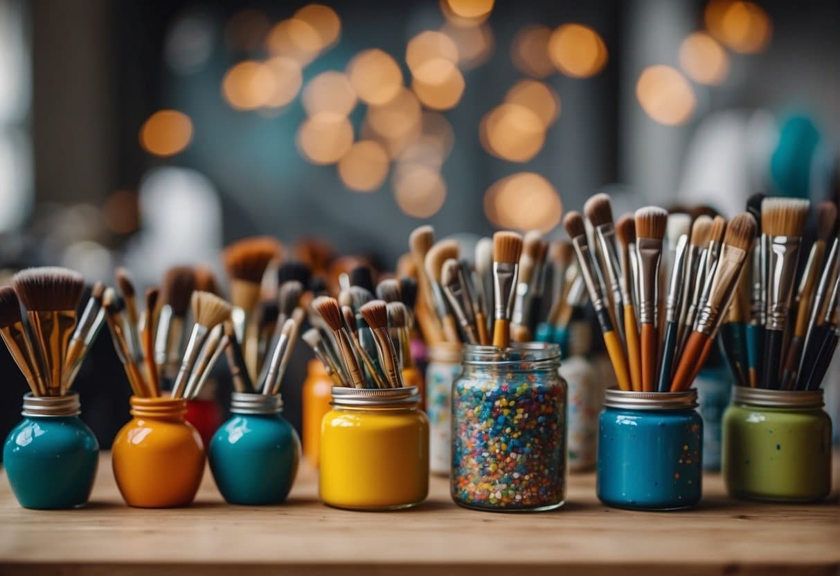 Vibrant acrylic paint tubes and brushes arranged on a clean, well-lit workspace. Various canvases and finished paintings displayed on the walls