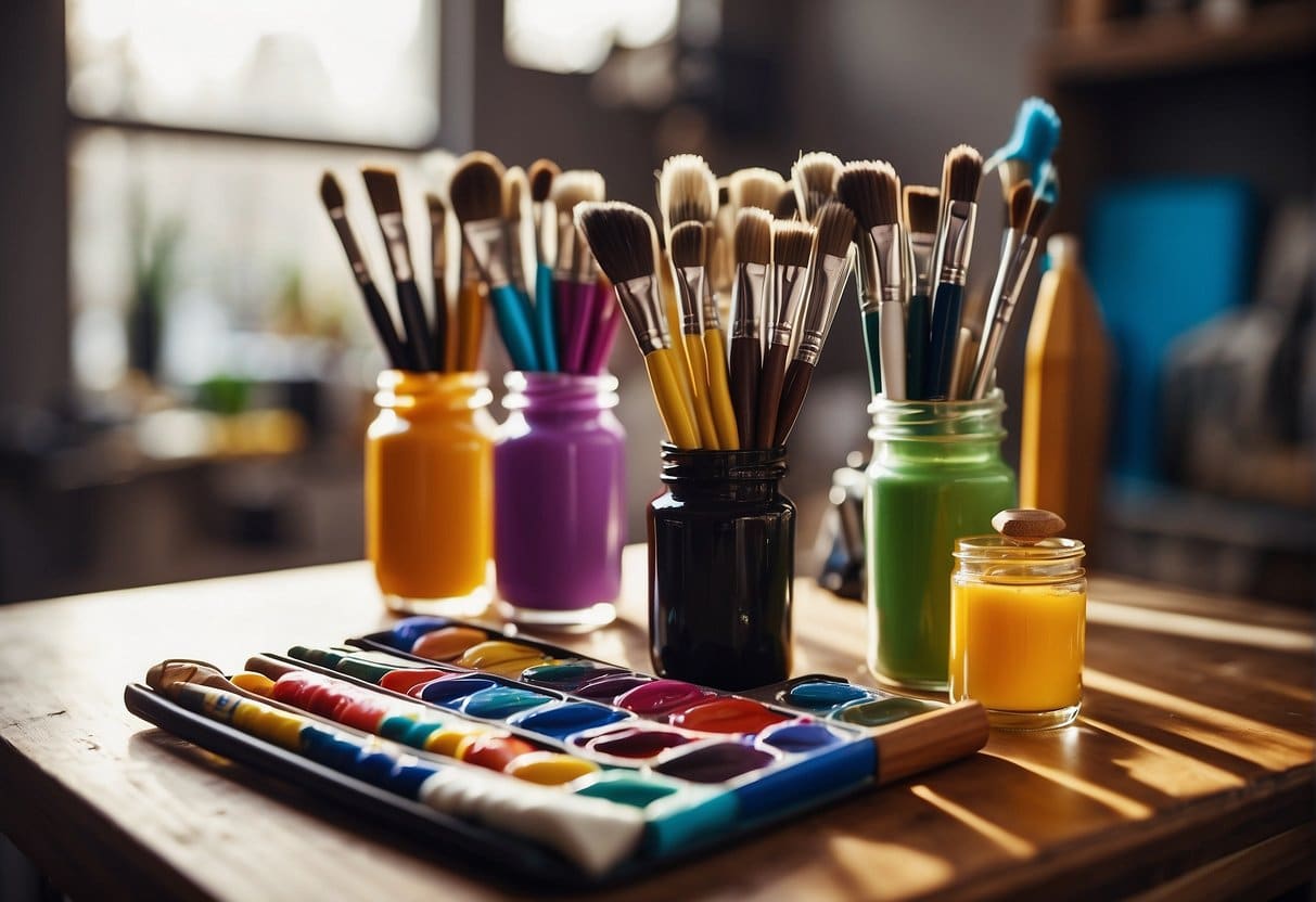 Vibrant acrylic paint tubes arranged on a clean, well-lit artist's palette, surrounded by paintbrushes and a blank canvas on an easel