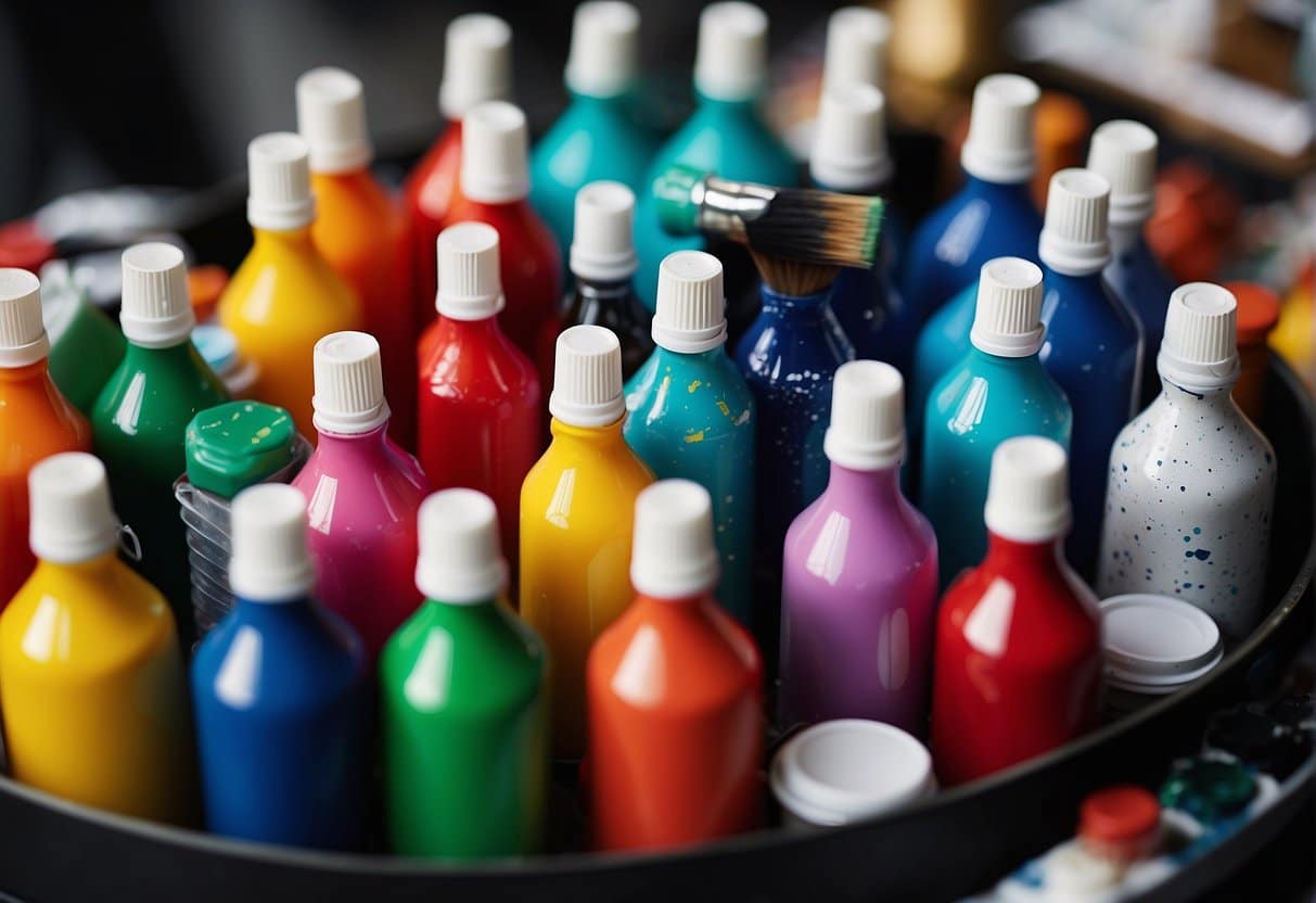 A colorful palette of acrylic paint tubes and brushes arranged on a clean, well-lit workspace