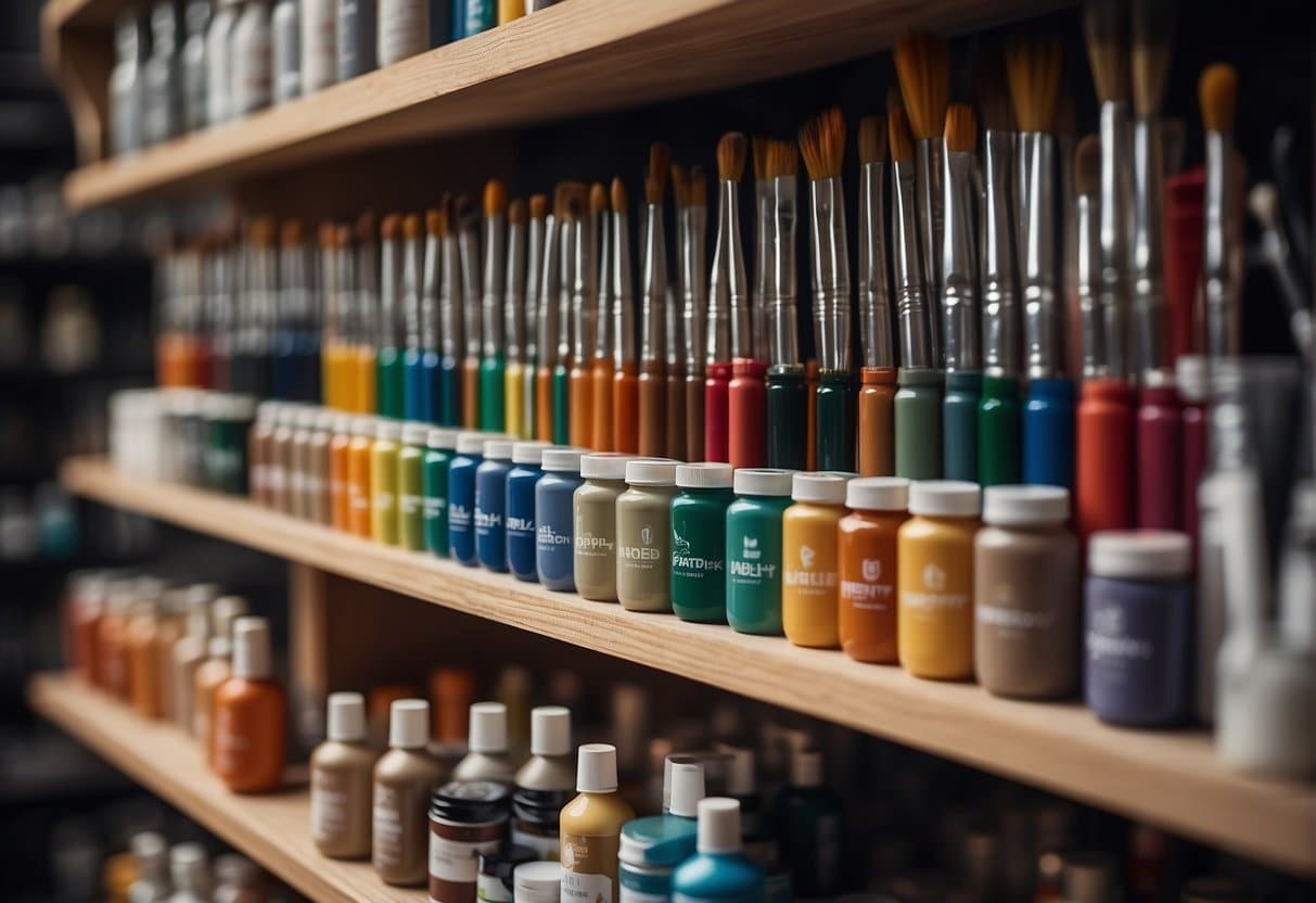 A shelf with neatly organized tubes of acrylic paint and various brushes, alongside a clean and well-maintained painting palette