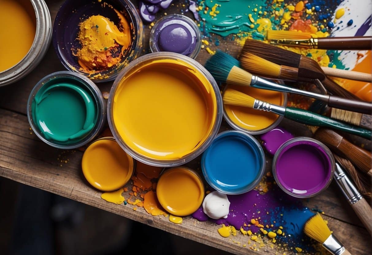 A colorful palette of acrylic paint tubes and brushes arranged on a wooden artist's palette, with a blank canvas in the background