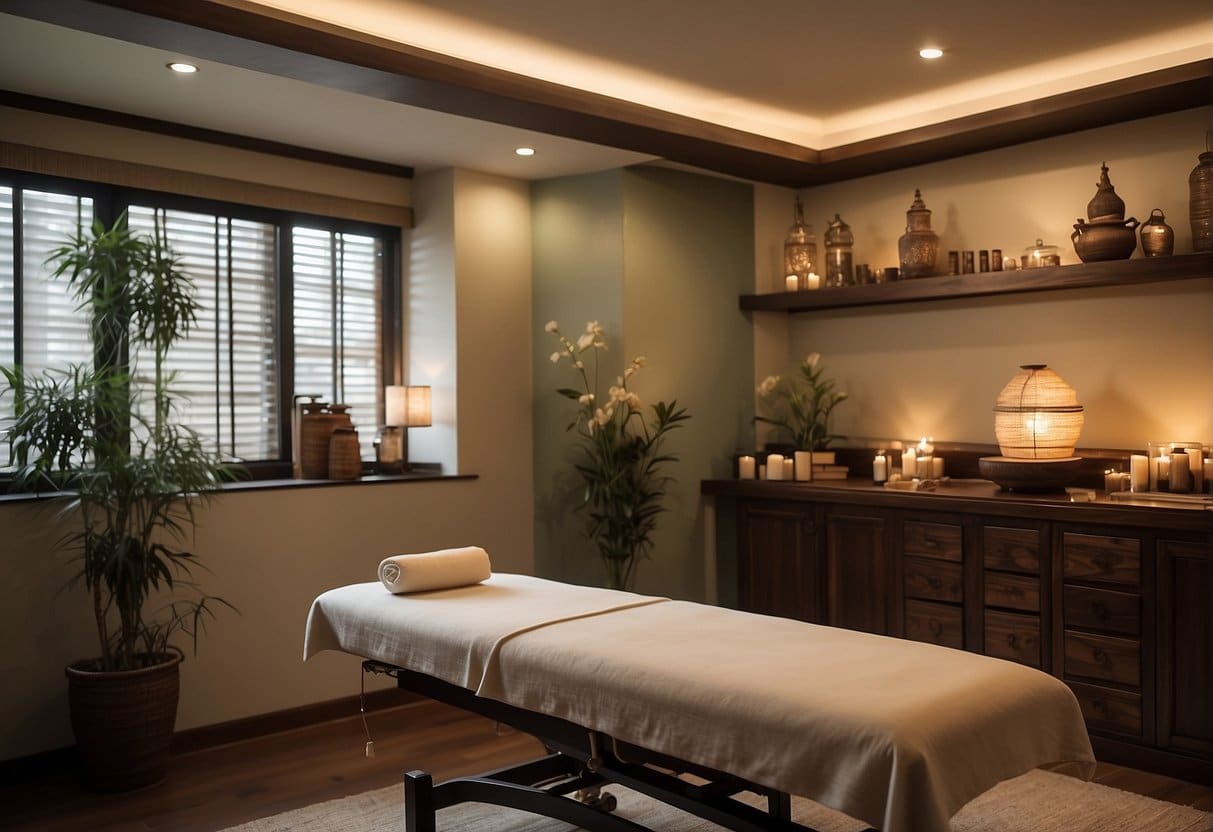 A serene treatment room with soft lighting and calming decor, featuring an acupuncture table and various traditional Chinese medicine tools