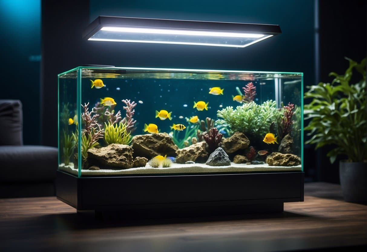 Various factors influencing light selection for aquariums. Show different types of aquarium lights and their impact on the environment