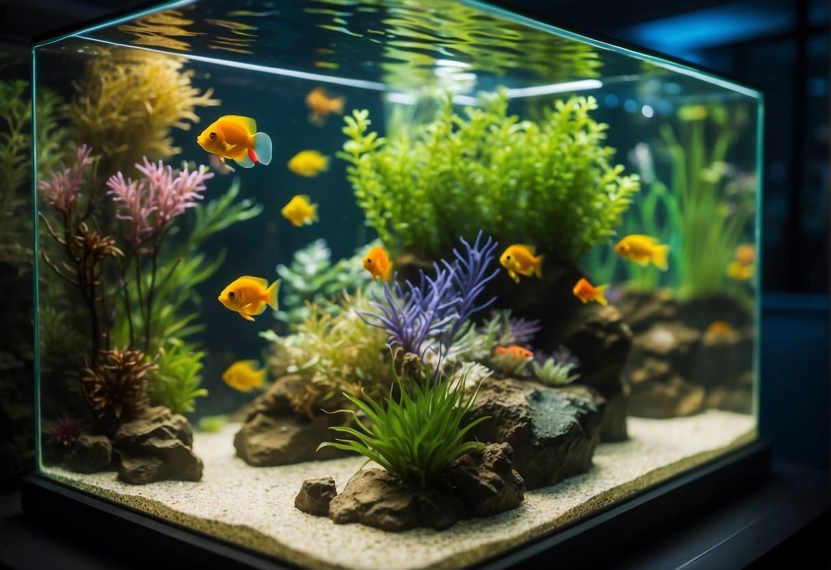 A well-lit aquarium with energy-efficient LED lights, showcasing vibrant aquatic plants and colorful fish