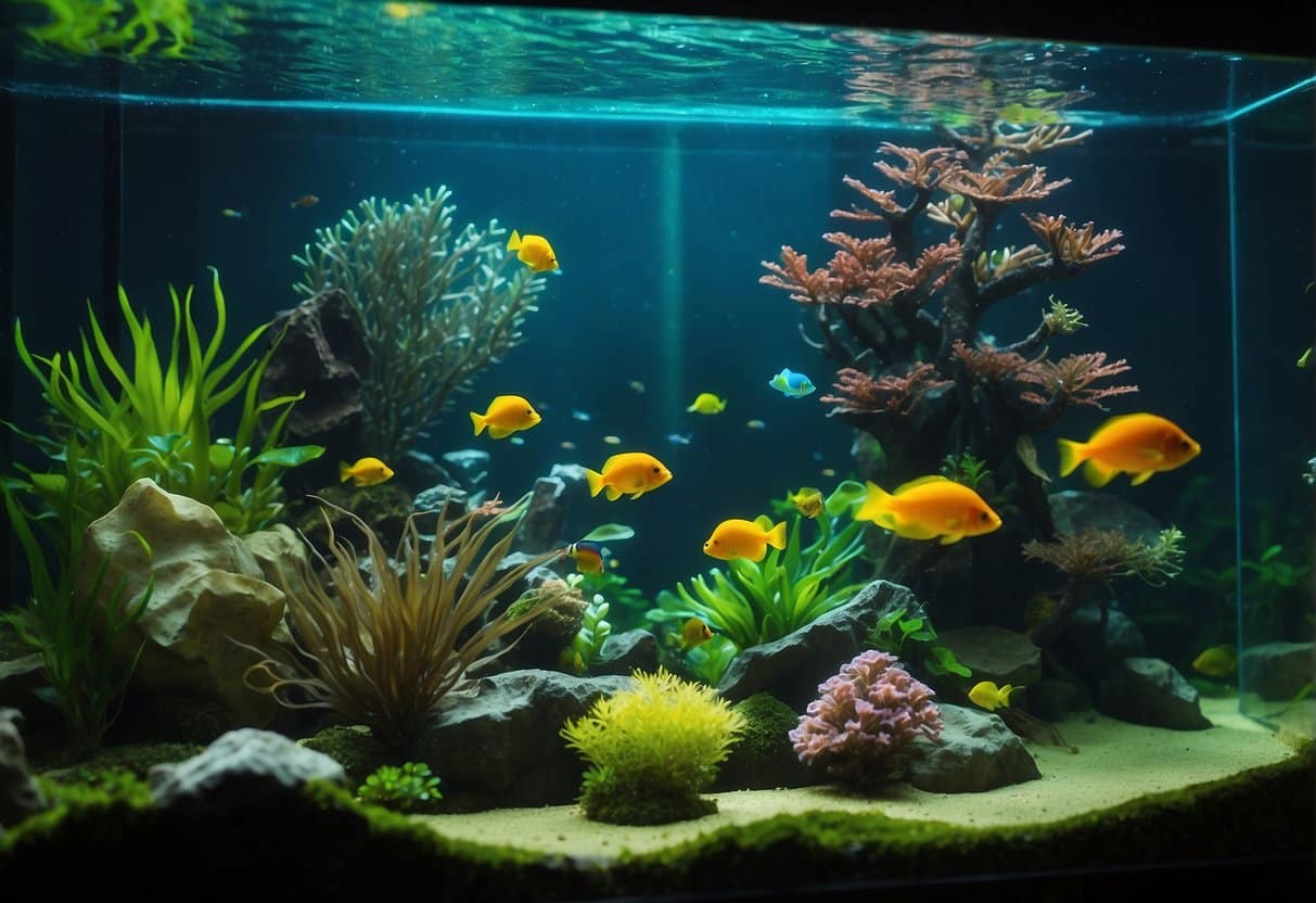 A glowing aquarium with vibrant fish and lush underwater plants, surrounded by positive reviews and recommendations for the best aquarium lights