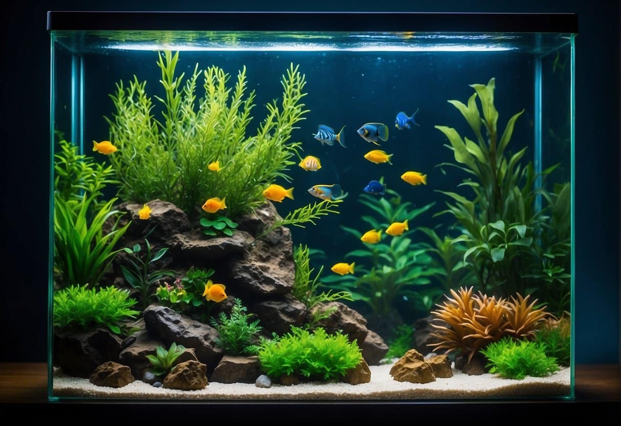 A modern aquarium light with sleek design and adjustable functions illuminating a vibrant underwater scene with lush plants and colorful fish