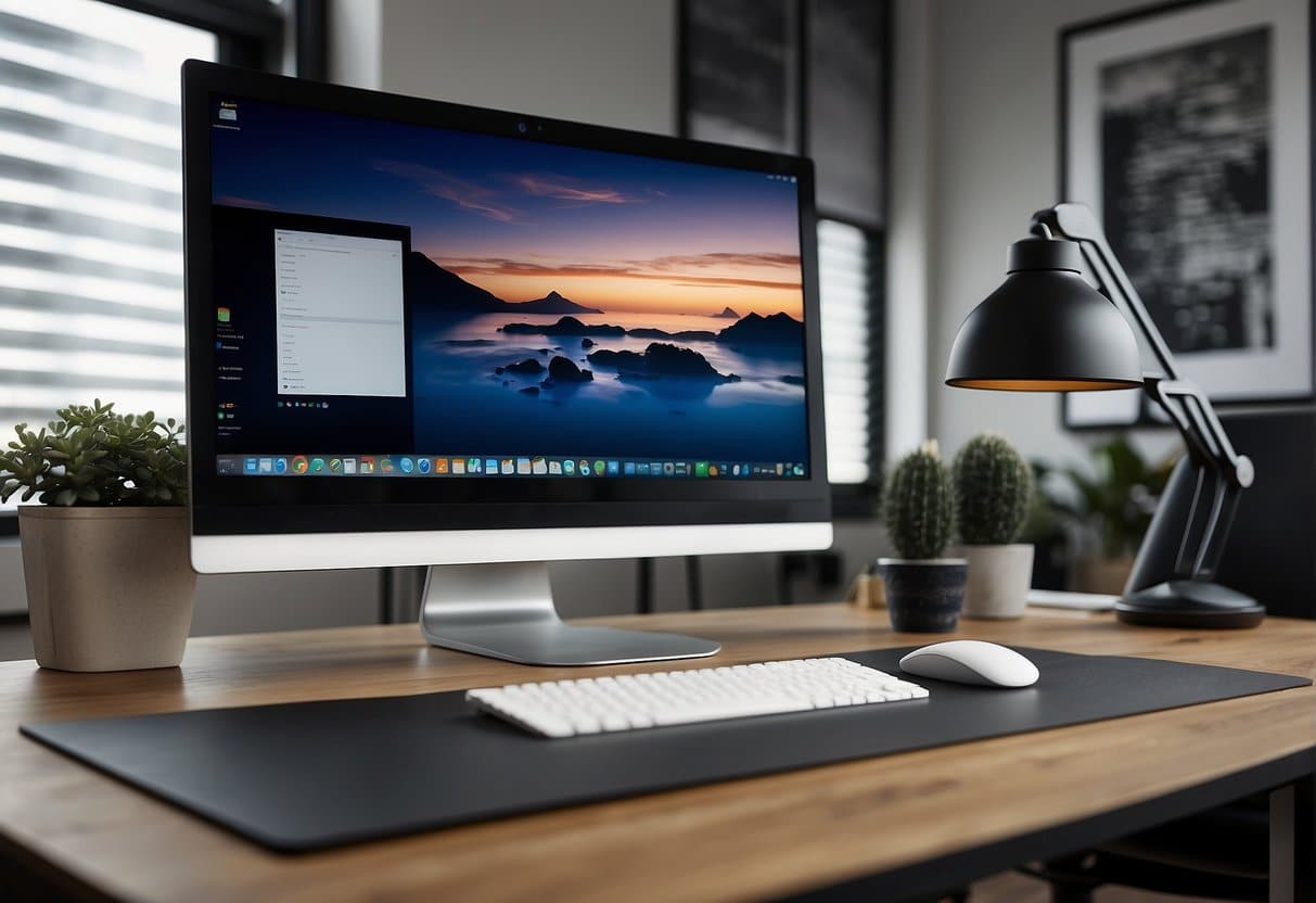 A sleek, modern all-in-one PC sits on a minimalist desk, surrounded by a clutter-free workspace. The PC's screen displays high-resolution graphics and the keyboard and mouse are neatly arranged nearby