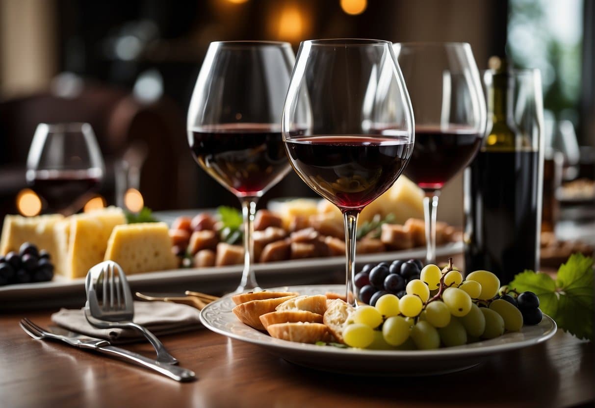 A table set with elegant wine glasses, a bottle of Amarone, and a selection of gourmet appetizers